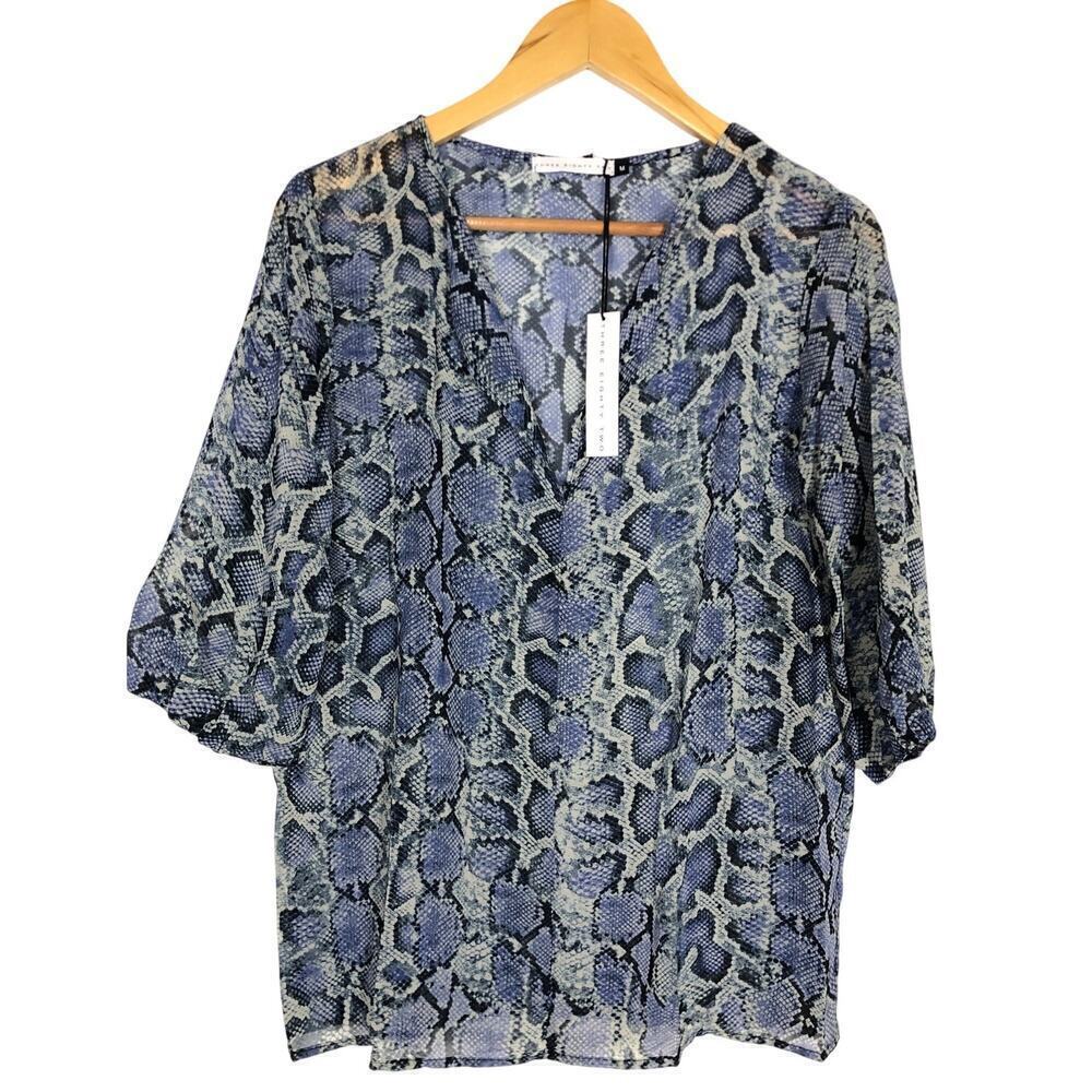 Three Eighty Two Top Snake Print 3/4 Sleeve Semi-Sheer Top Blue NWT Medium